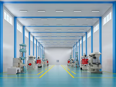 Spacious Factory Interior With Blue Columns Ceiling And Yellow Floor Lines Industrial Machines 3d model