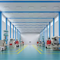 Spacious Factory Interior With Blue Columns Ceiling And Yellow Floor Lines Industrial Machines