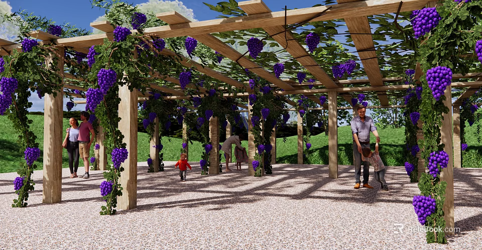 Garden Landscape With Wooden Pergola Purple Vines Flowers People Under Gravel Ground Green Grass 3d model 