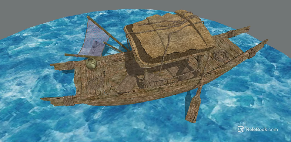 Wooden Boat with Thatched Roof Clay Pot and Oar Floating on Blue Water 3d model 