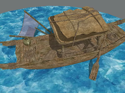 Wooden Boat with Thatched Roof Clay Pot and Oar Floating on Blue Water 3d model