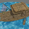 Wooden Boat with Thatched Roof Clay Pot and Oar Floating on Blue Water