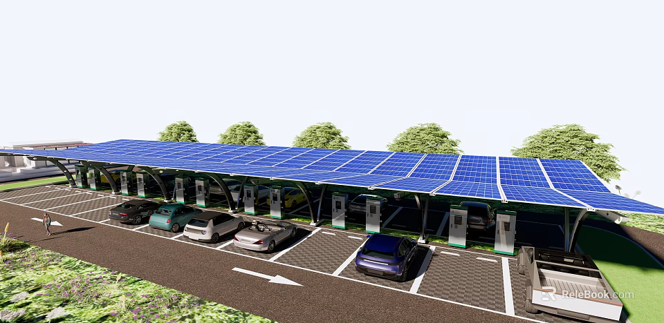 Modern Solar Panel Covered Parking Lot With Electric Vehicle Charging Stations 3d model 