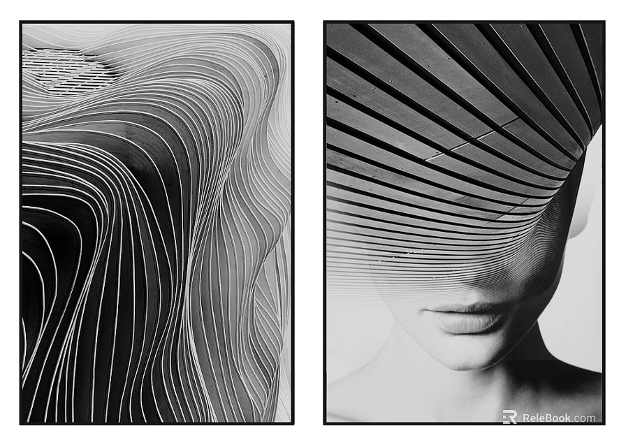 Abstract Painting With Black And White Wavy Lines And Striped Human Face Design 3d model 