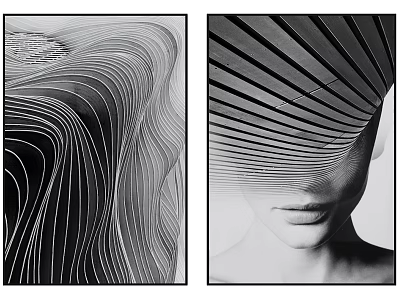 Abstract Painting With Black And White Wavy Lines And Striped Human Face Design 3d model