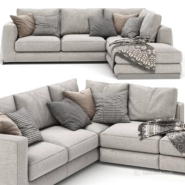 Gray Sectional Sofa with Modern Design Multiple Plush Cushions and Patterned Blanket 3d model
