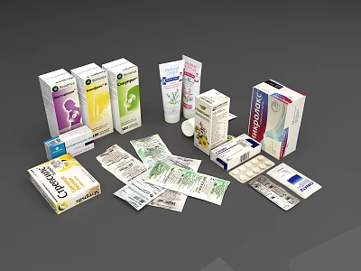 Pharmaceutical Medical Devices With Medicine Boxes Tablets And Ointment Tubes 3d model