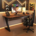 Gaming Desk With Wooden Top Dual Monitors Keyboard Mouse Laptop Headphones And LED Strip Lights