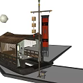 Traditional Wooden Boat With Thatched Roof Lanterns Banner And Wooden Railings Moored On Water