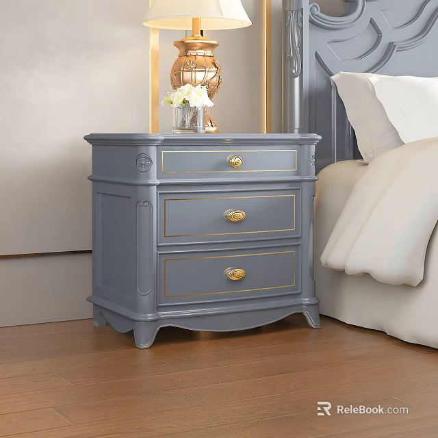 Elegant Gray Bedside Table With Three Drawers Gold Handles Lamp Vase And White Bedding 3d model 