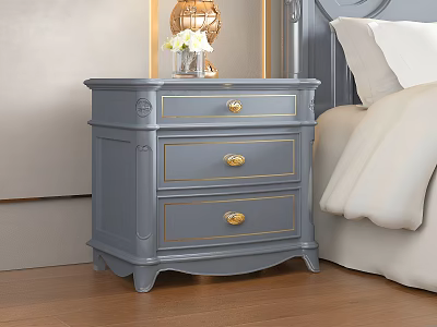 Elegant Gray Bedside Table With Three Drawers Gold Handles Lamp Vase And White Bedding 3d model