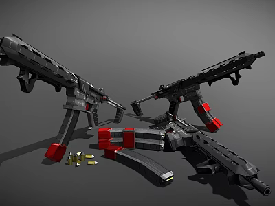 Detailed Black And Red Assault Rifles Display With Magazines And Ammunition 3d model