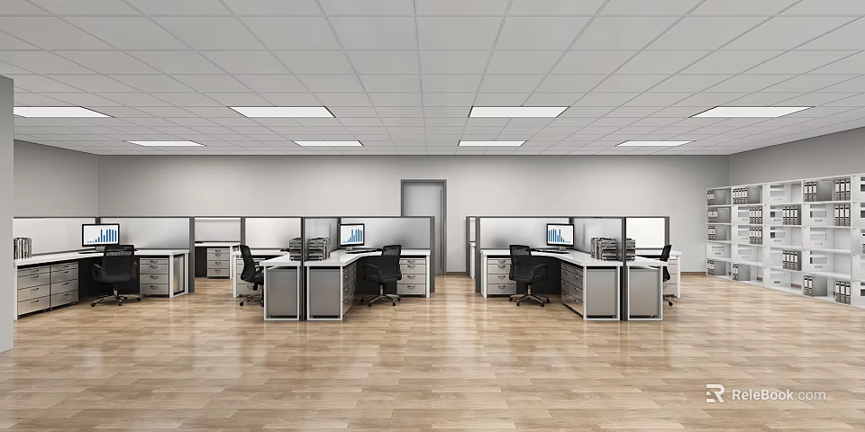 Modern Open Office Space Interior With Cubicles Desks Computers And Wooden Flooring 3d model 