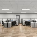 Modern Open Office Space Interior With Cubicles Desks Computers And Wooden Flooring 3d model