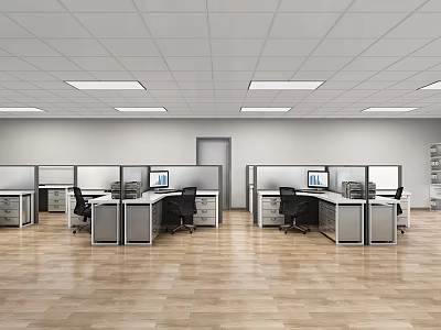 Modern Open Office Space Interior With Cubicles Desks Computers And Wooden Flooring 3d model