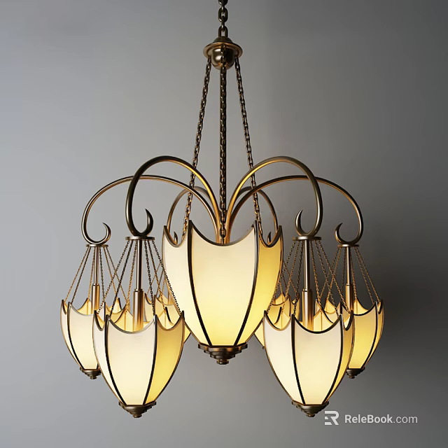 Elegant Vintage Chandelier With Golden Metal Frame And White Glass Shades For Home Lighting 3d model 