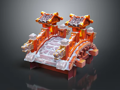Traditional Chinese Architectural Bridge Model With Curved Roofs Red Gold Decorations And Stone Railings 3d model