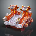 Traditional Chinese Architectural Bridge Model With Curved Roofs Red Gold Decorations And Stone Railings