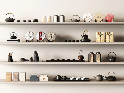 Elegant Tea Sets Display on Multiple Shelves with Traditional and Modern Designs 3d model