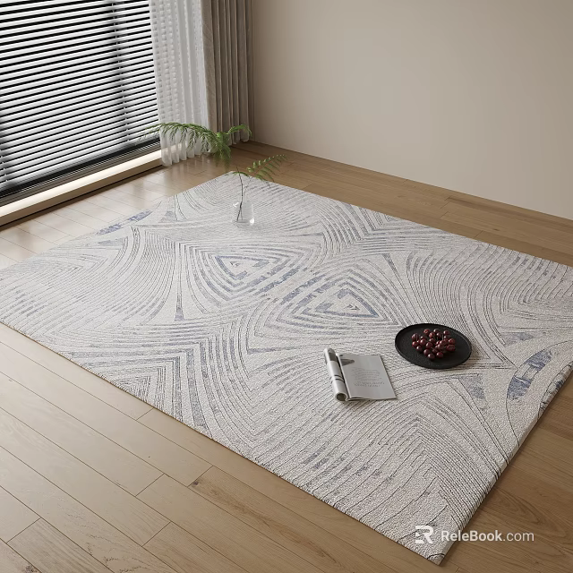 Elegant Modern Blue and White Square Rug with Geometric Pattern on Wooden Floor 3d model 