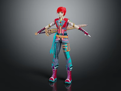Game Movie Character with Red Hair Colorful Outfit Holding Sword Fantasy Style 3d model
