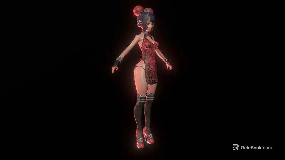 Stylish Female Character In Red Qipao With Hair Bun Black Stockings And High Heels 3d model 