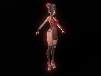 Stylish Female Character In Red Qipao With Hair Bun Black Stockings And High Heels 3d model