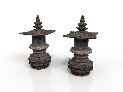 Two Traditional Stone Lanterns With Layered Pagoda Tops And Intricate Bases 3d model