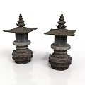 Two Traditional Stone Lanterns With Layered Pagoda Tops And Intricate Bases
