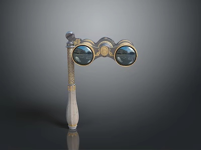 Scenic Landscape Reflected in Classic Binoculars with Wooden Handle and Metal Frame 3d model