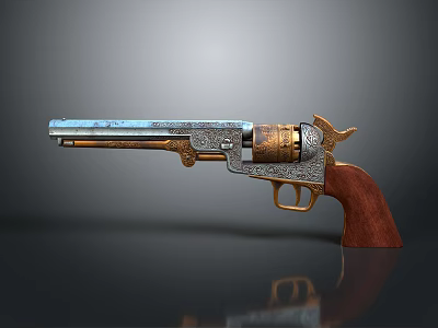 Intricate Sculptural Carving of Vintage Revolver with Ornate Metal Engravings and Wooden Grip 3d model