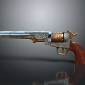 Intricate Sculptural Carving of Vintage Revolver with Ornate Metal Engravings and Wooden Grip