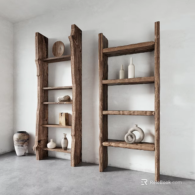Rustic Natural Wooden Shelving Units Against White Wall With Decorative Pottery Jars And Round Plates 3d model 