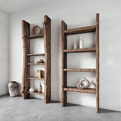 Rustic Natural Wooden Shelving Units Against White Wall With Decorative Pottery Jars And Round Plates 3d model