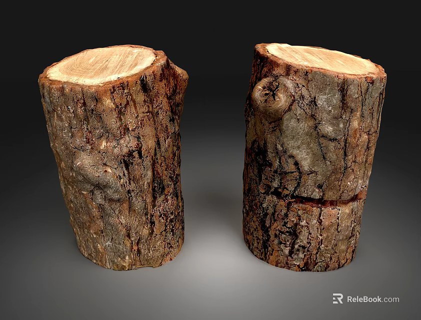 Natural Stone Wood Tree Stumps With Bark Texture And Annual Ring Sections 3d model 
