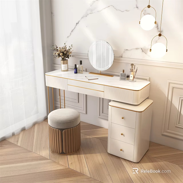 Elegant Modern White Dressing Table With Marble Top Round Mirror Stool And Drawers 3d model 