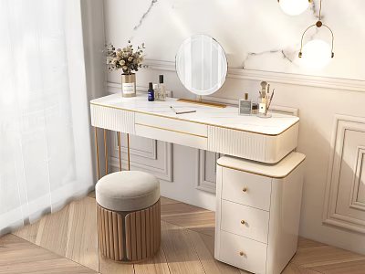 Elegant Modern White Dressing Table With Marble Top Round Mirror Stool And Drawers 3d model