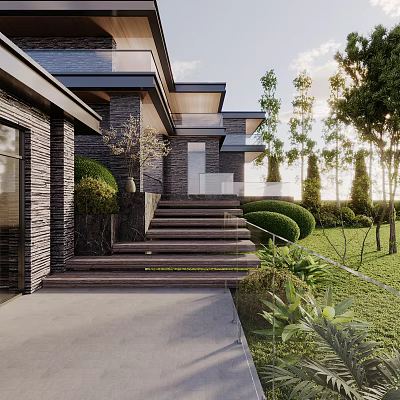 Modern Residential Garden Landscape With Stone Steps Trimmed Bushes Lawn And Trees 3d model