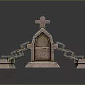 Detailed Stone Monument Structure Featuring Cross Arch Design Carved Inscription And Linked Chains
