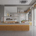 Bright Dessert Shop Interior With Wooden Tables Chairs Hanging Lights And Wall Posters