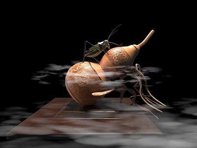 Gourd Shaped Decorative Ornament Set With Green Insect On Brown Base And Smoke Effect 3d model