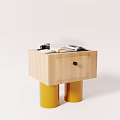 Wooden Bedside Table With Drawer Yellow Legs Camera And Open Magazine
