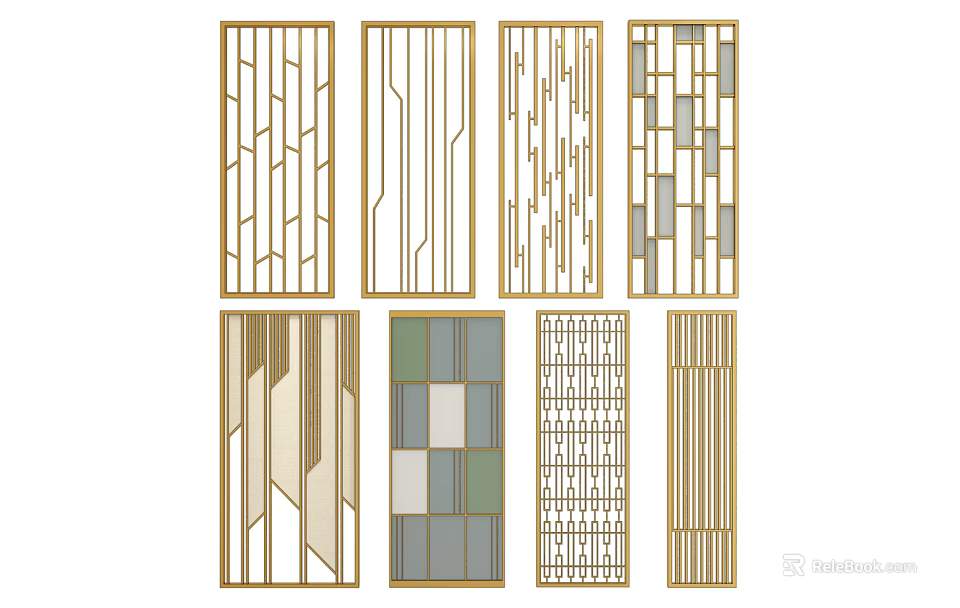 Modern Room Dividers with Various Geometric Patterns and Golden Frames for Interior Design 3d model