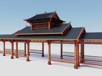 Traditional Chinese Pergola Design With Wooden Structure Carved Railings And Traditional Roof 3d model