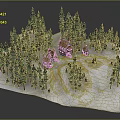 Snowy Winter Forest Scene with Tall Pine Trees and Wooden Cabins