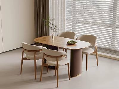 Modern Minimalist Dining Table Set With Oval Wooden Top And Four Chairs With White Cushions 3d model