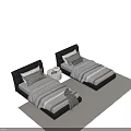Modern Single Beds with Black Leather Headboards Striped Bedspreads Plaid Pillows and Striped Rug