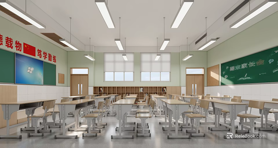 School Science Lab With Green Walls White Desks Chairs Windows And Blackboard 3d model 