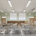 School Science Lab With Green Walls White Desks Chairs Windows And Blackboard
