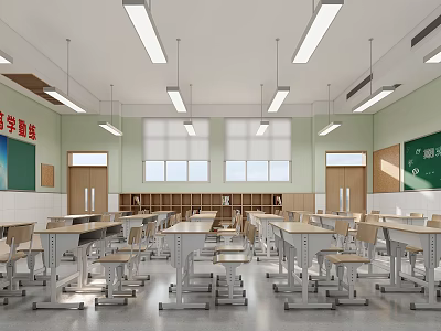 School Science Lab With Green Walls White Desks Chairs Windows And Blackboard 3d model